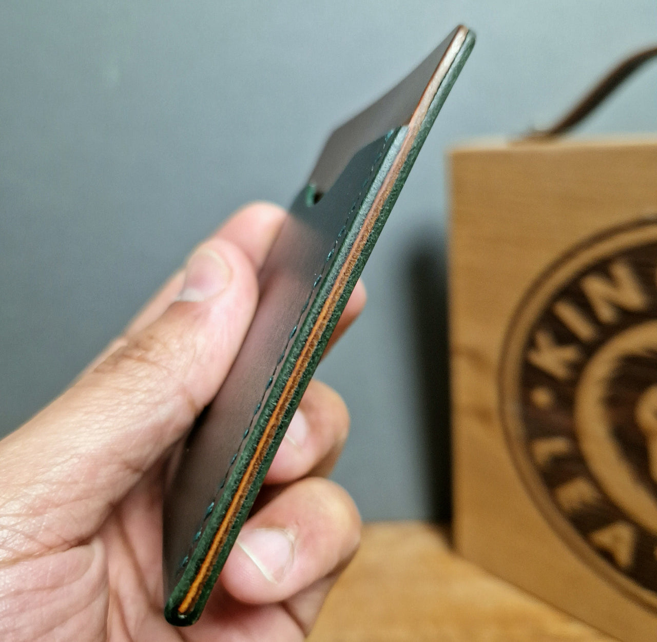 Slim Leather Cardholder - Dark Green and Walnut Brown